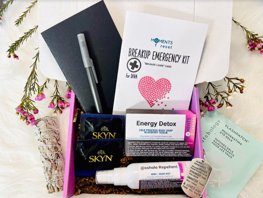 Breakup Emergency Kit - Moments of Reset - Coach Pav - Breakup Survival - Unique Gift for women - Breakup Emergency - Divorce support #breakupemergencykit #momentsofreset #mycoachpav #breakuprecovery #mindfulkits #becauseicare #healing #selfcare